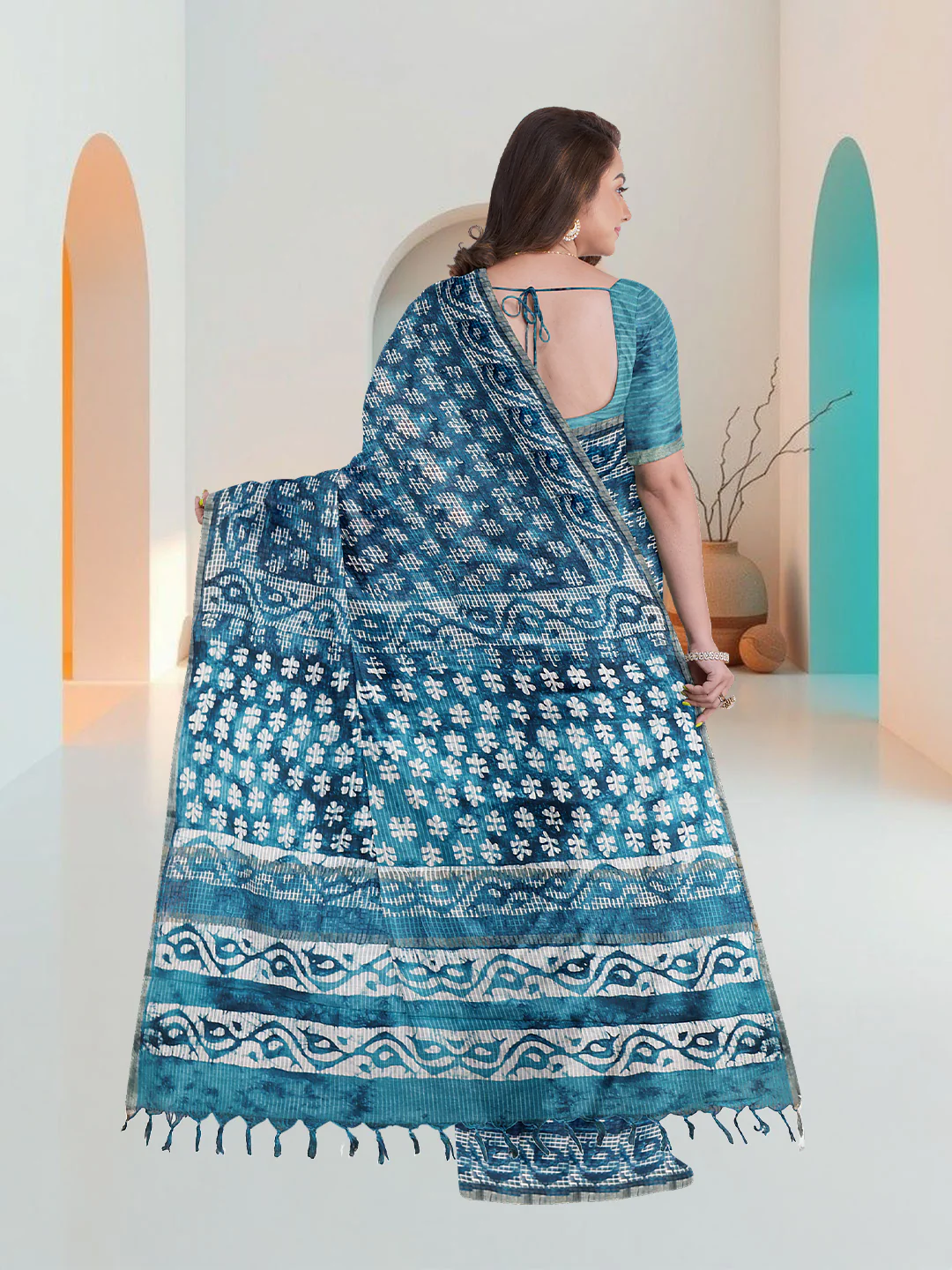Women Blue Fancy Cotton Saree SS362 - Image 5