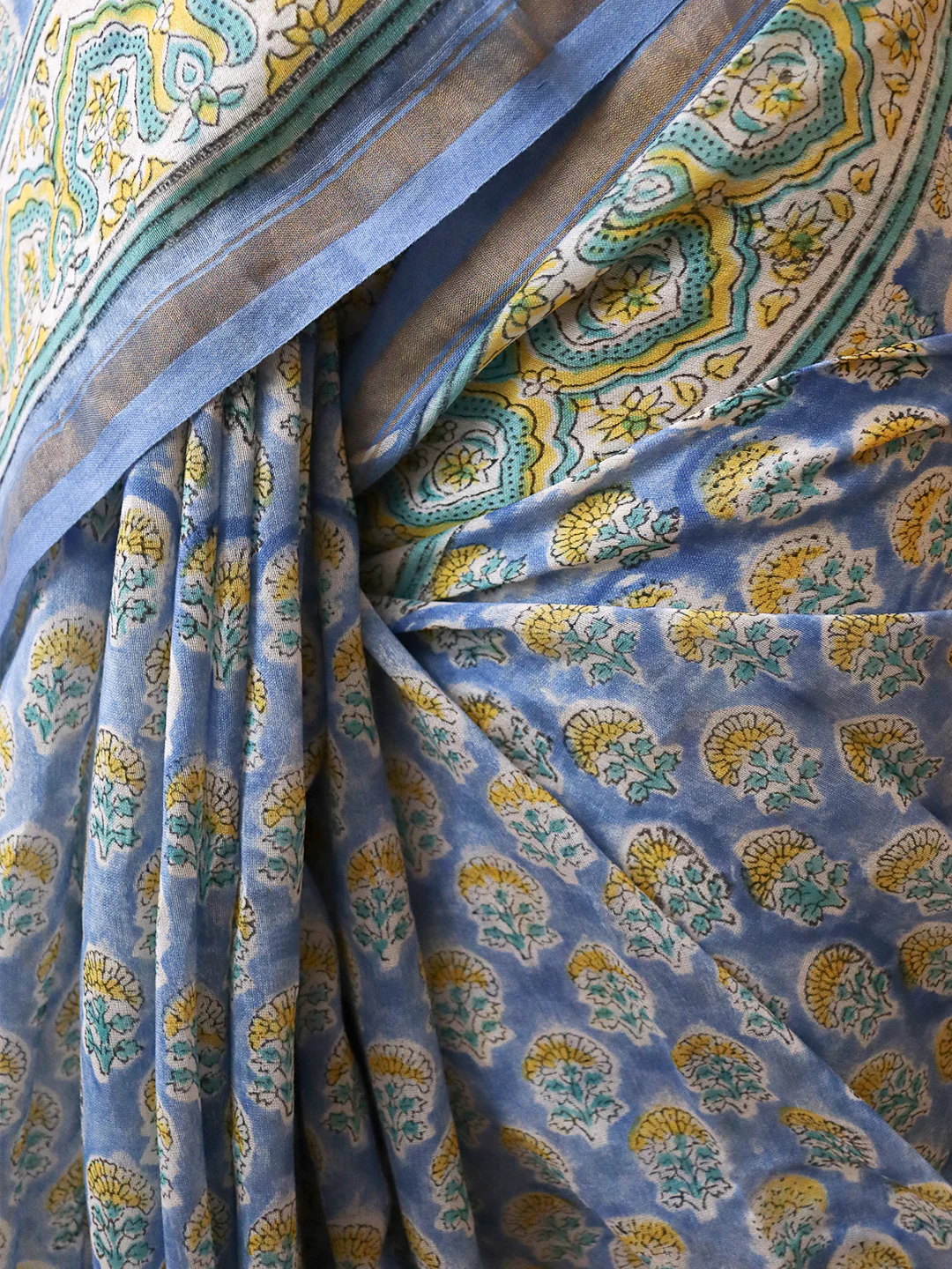 Women Blue Pure Chanderi Cotton Printed Saree SC76 - Image 2