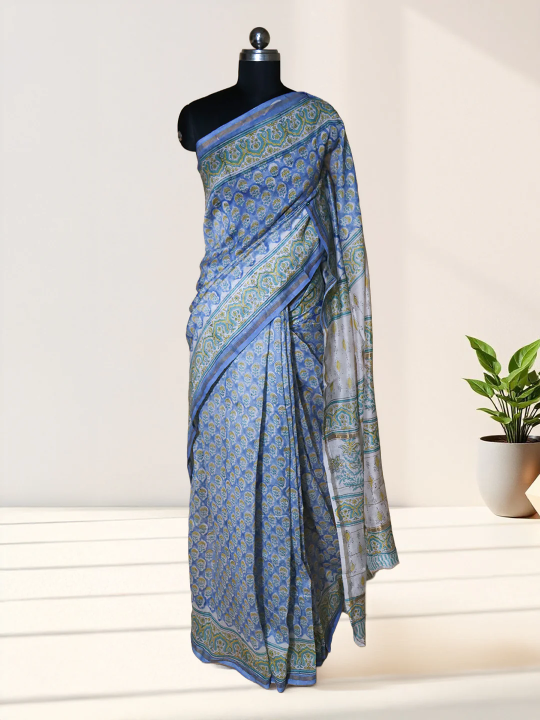 Women Blue Pure Chanderi Cotton Printed Saree SC76 - Image 3