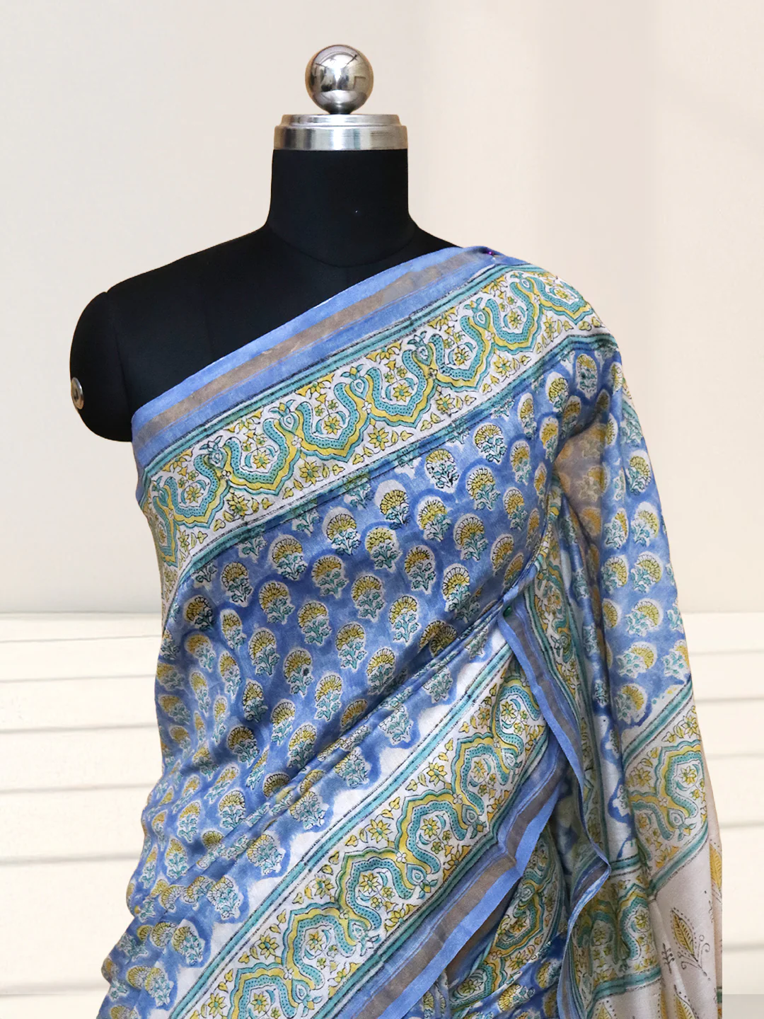 Women Blue Pure Chanderi Cotton Printed Saree SC76 - Image 5