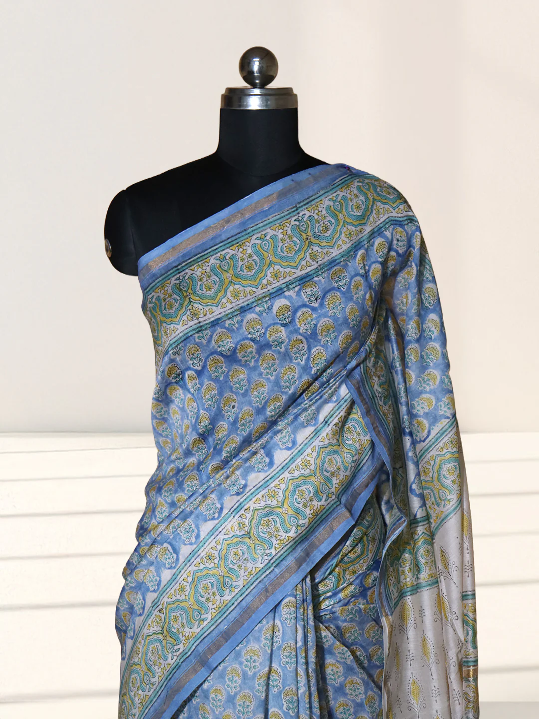 Women Blue Pure Chanderi Cotton Printed Saree SC76 - Image 6