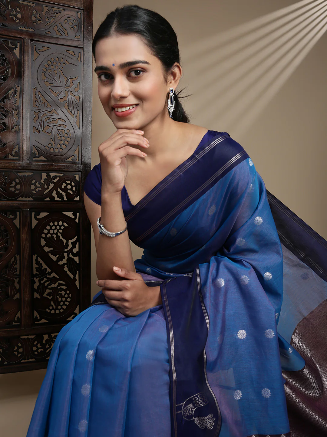 Women Blue Semi Kora Cotton Saree SK116 - Image 3