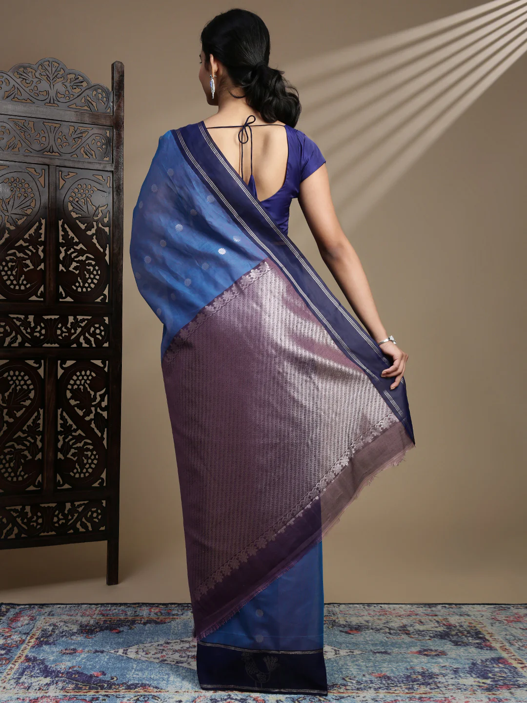 Women Blue Semi Kora Cotton Saree SK116 - Image 4