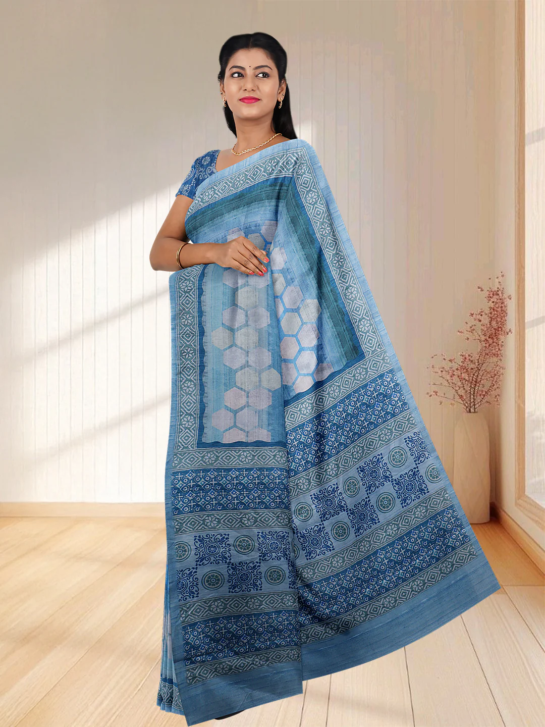 Women Blue Semi Tussar Printed Saree ST257 - Image 3
