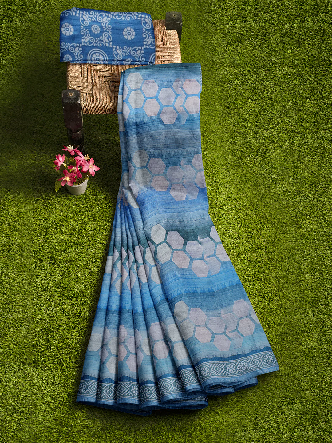 Women Blue Semi Tussar Printed Saree ST257 - Image 5
