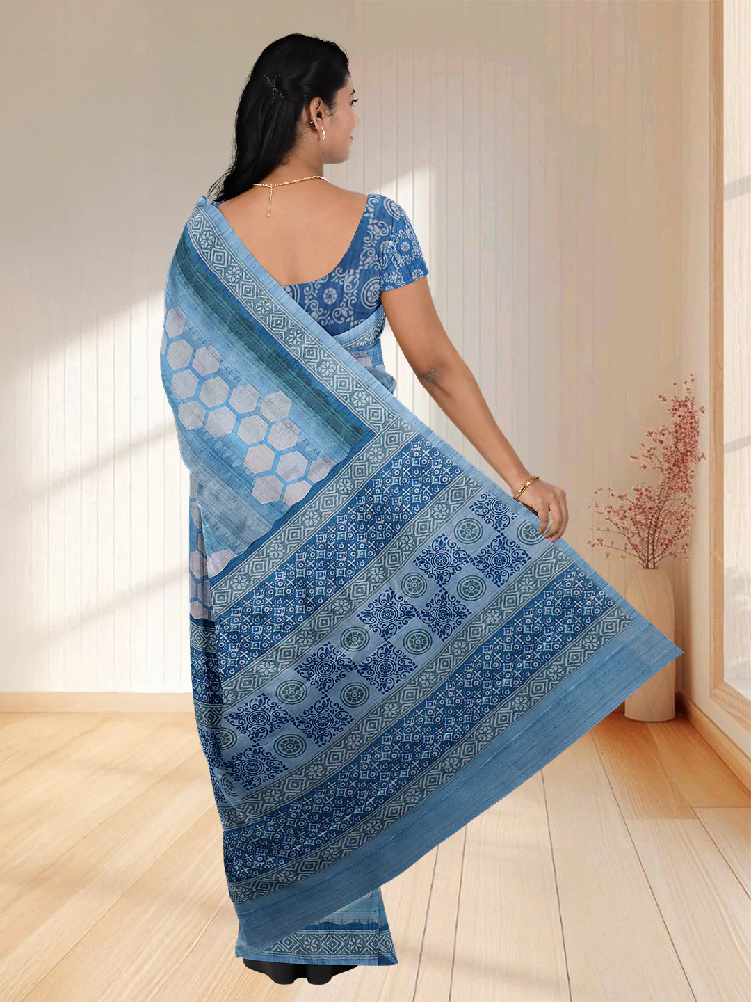 Women Blue Semi Tussar Printed Saree ST257 - Image 6