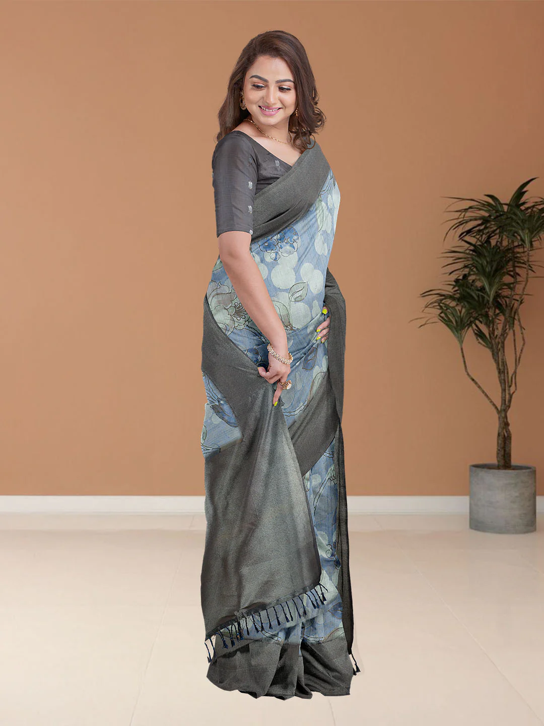 Women Blue Semi Tussar Printed Saree ST263 - Image 2