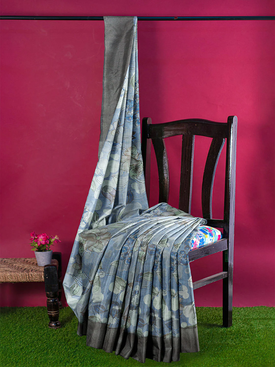 Women Blue Semi Tussar Printed Saree ST263 - Image 3