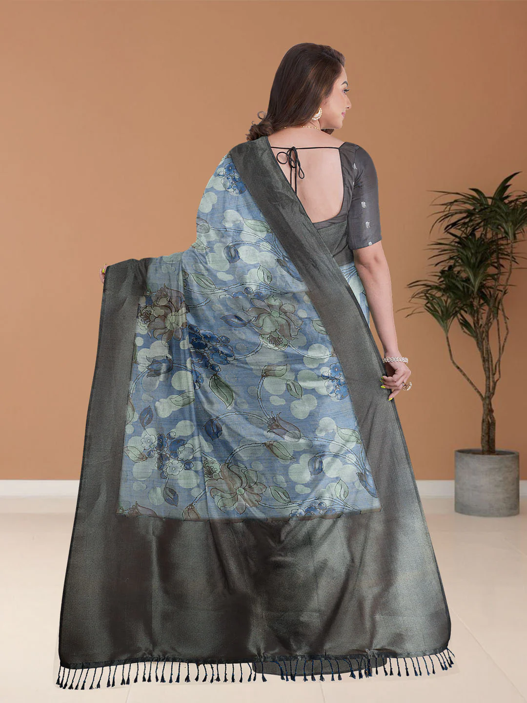 Women Blue Semi Tussar Printed Saree ST263 - Image 4