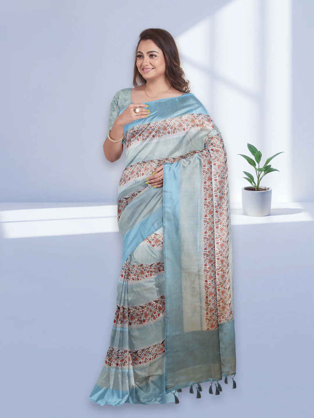 Women Blue Semi Tussar Printed Saree ST299