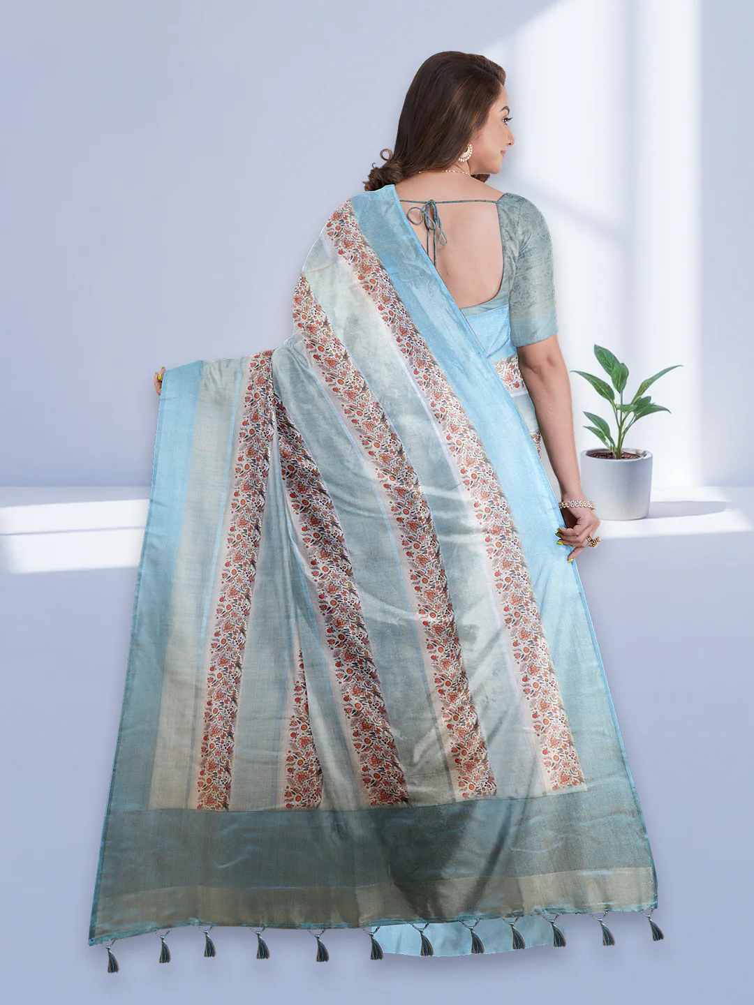 Women Blue Semi Tussar Printed Saree ST299 - Image 3