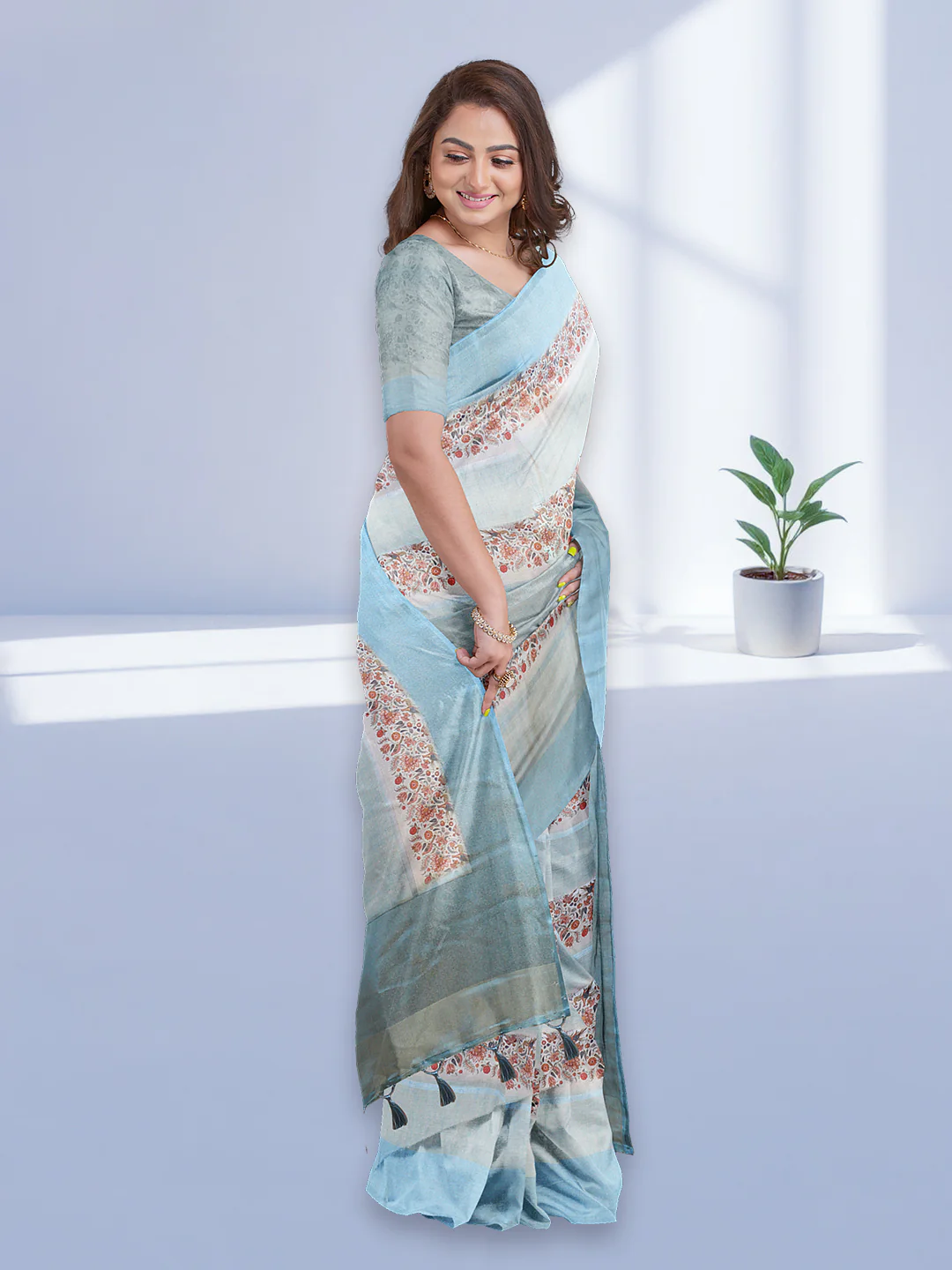 Women Blue Semi Tussar Printed Saree ST299 - Image 5