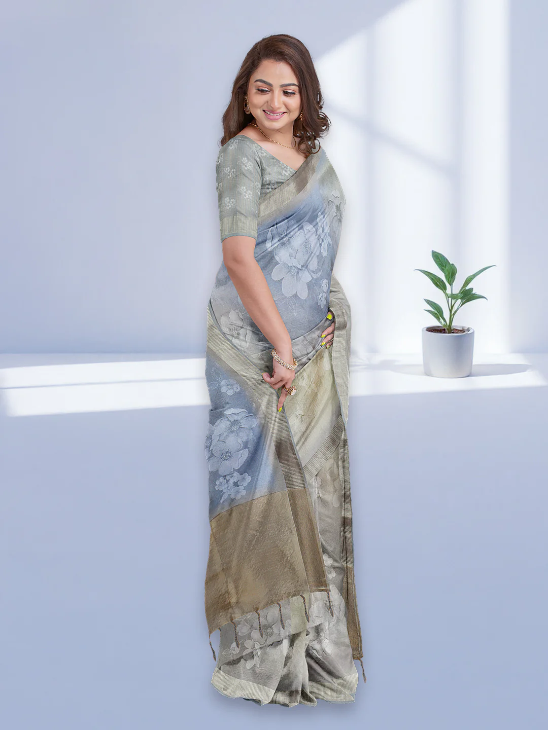 Women Blue with Gold Tissue Saree TS53 - Image 3