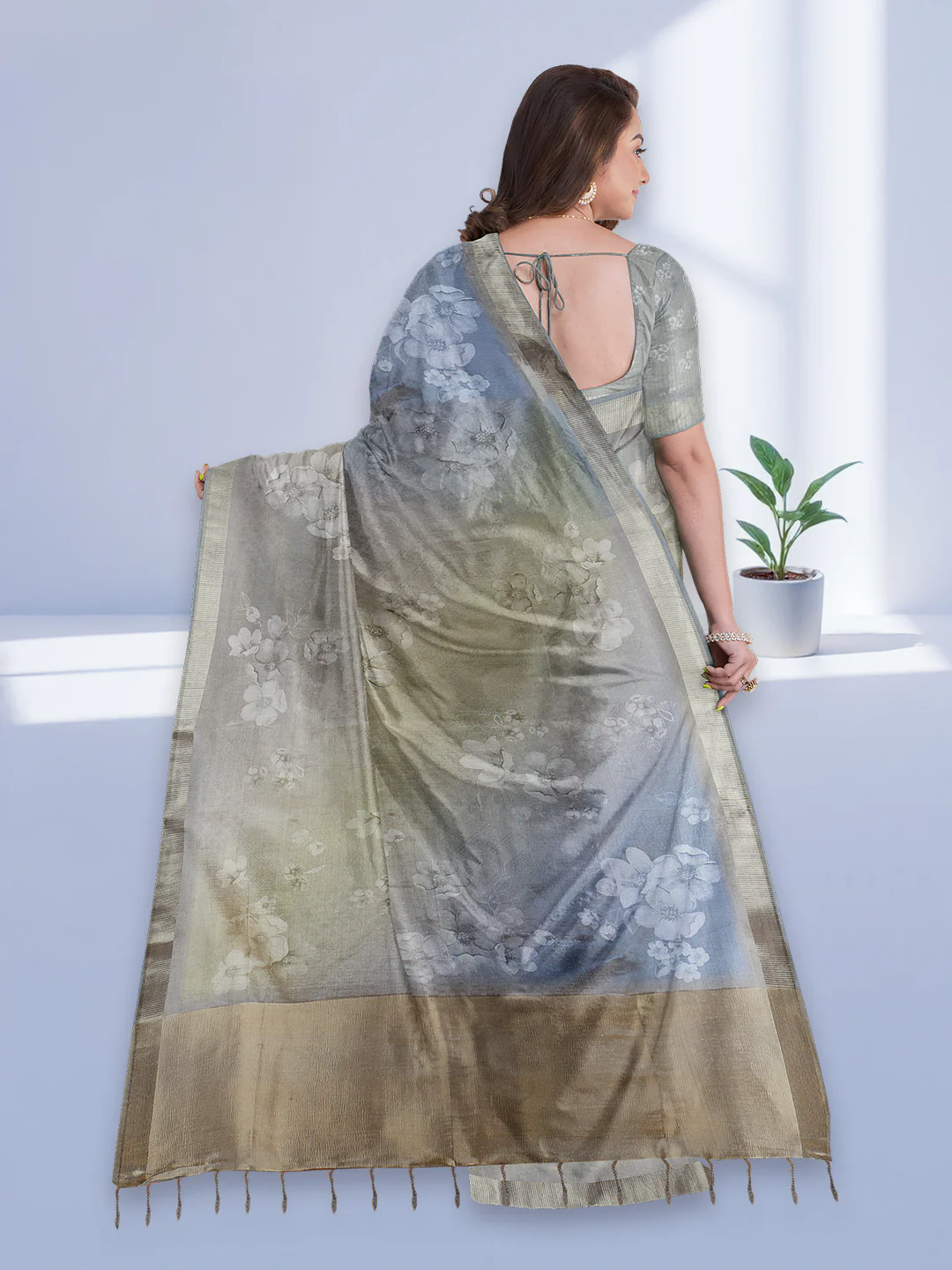Women Blue with Gold Tissue Saree TS53 - Image 4