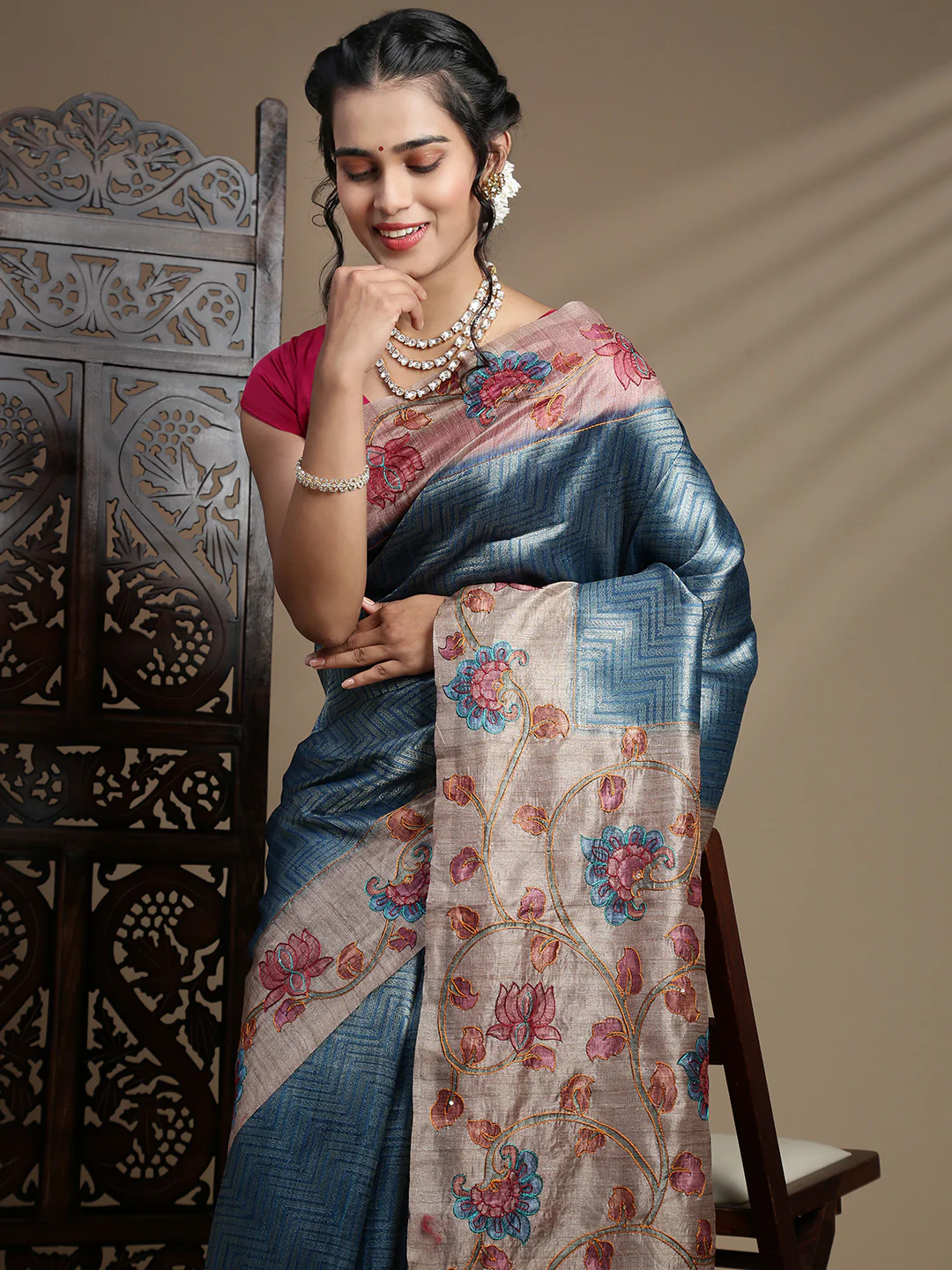 Women Blue with Brown Semi Raw Silk Embroidered Saree SRS110 - Image 3