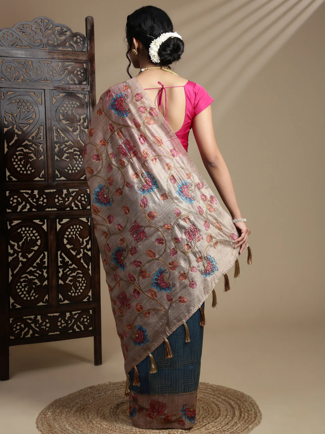 Women Blue with Brown Semi Raw Silk Embroidered Saree SRS110 - Image 4