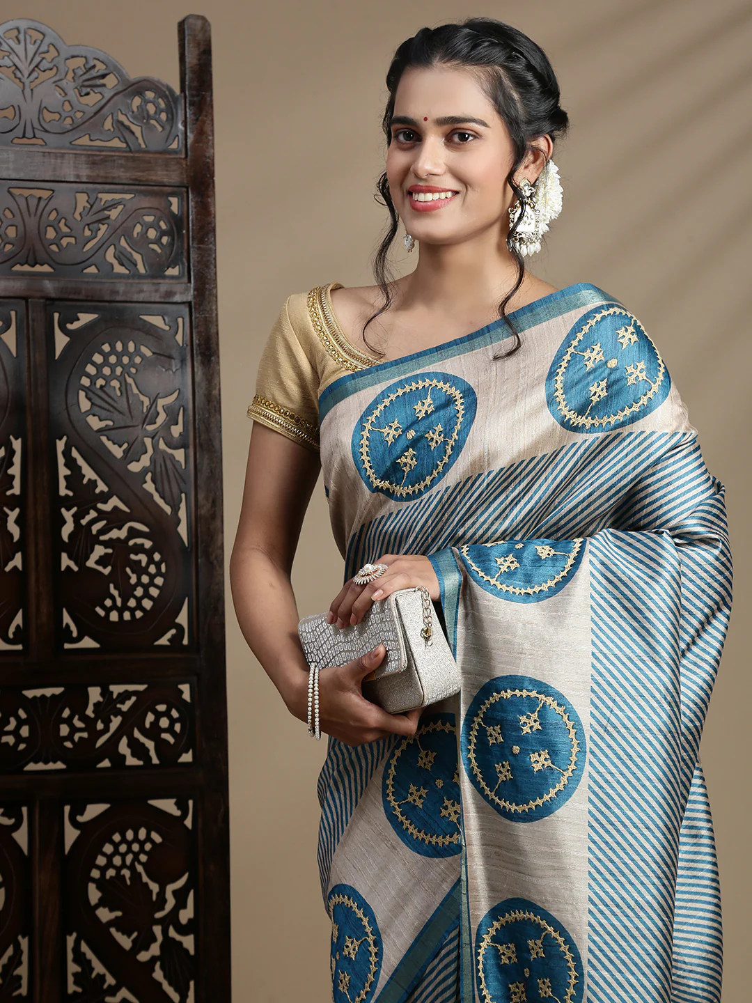 Women Blue with Brown Semi Raw Silk Embroidered Saree SRS113 - Image 3