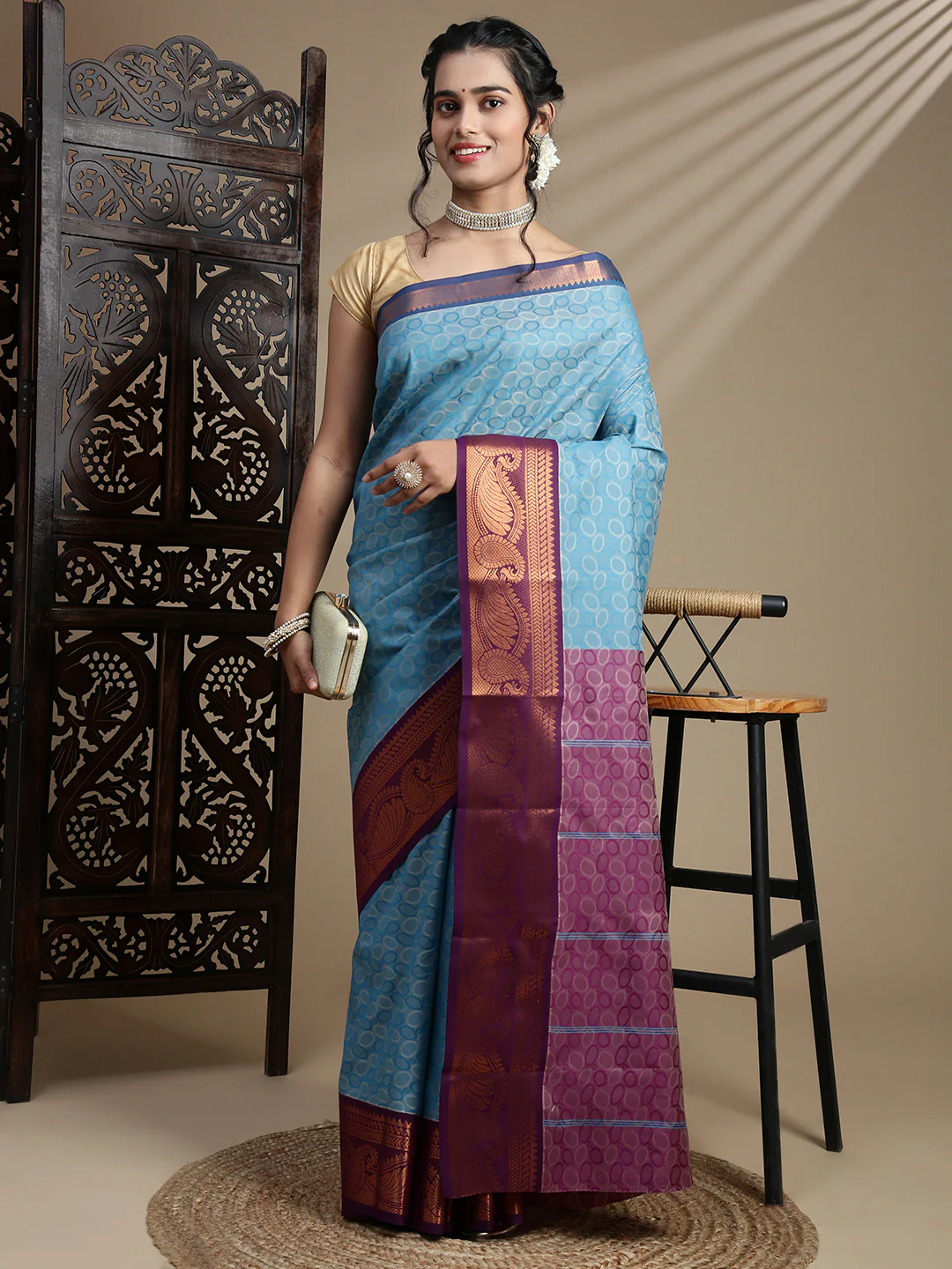 Women Blue with Violet Art Silk Saree ASS122 - Image 3