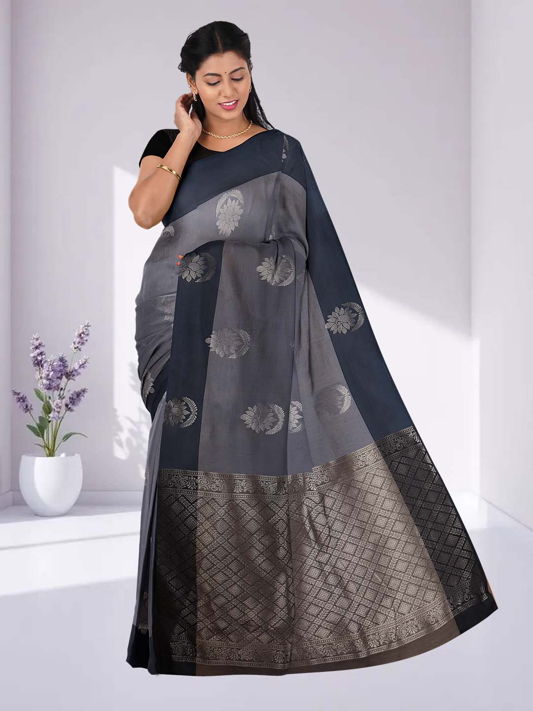 Women Bluish Grey Kotta Cotton Saree PCS186 - Image 2