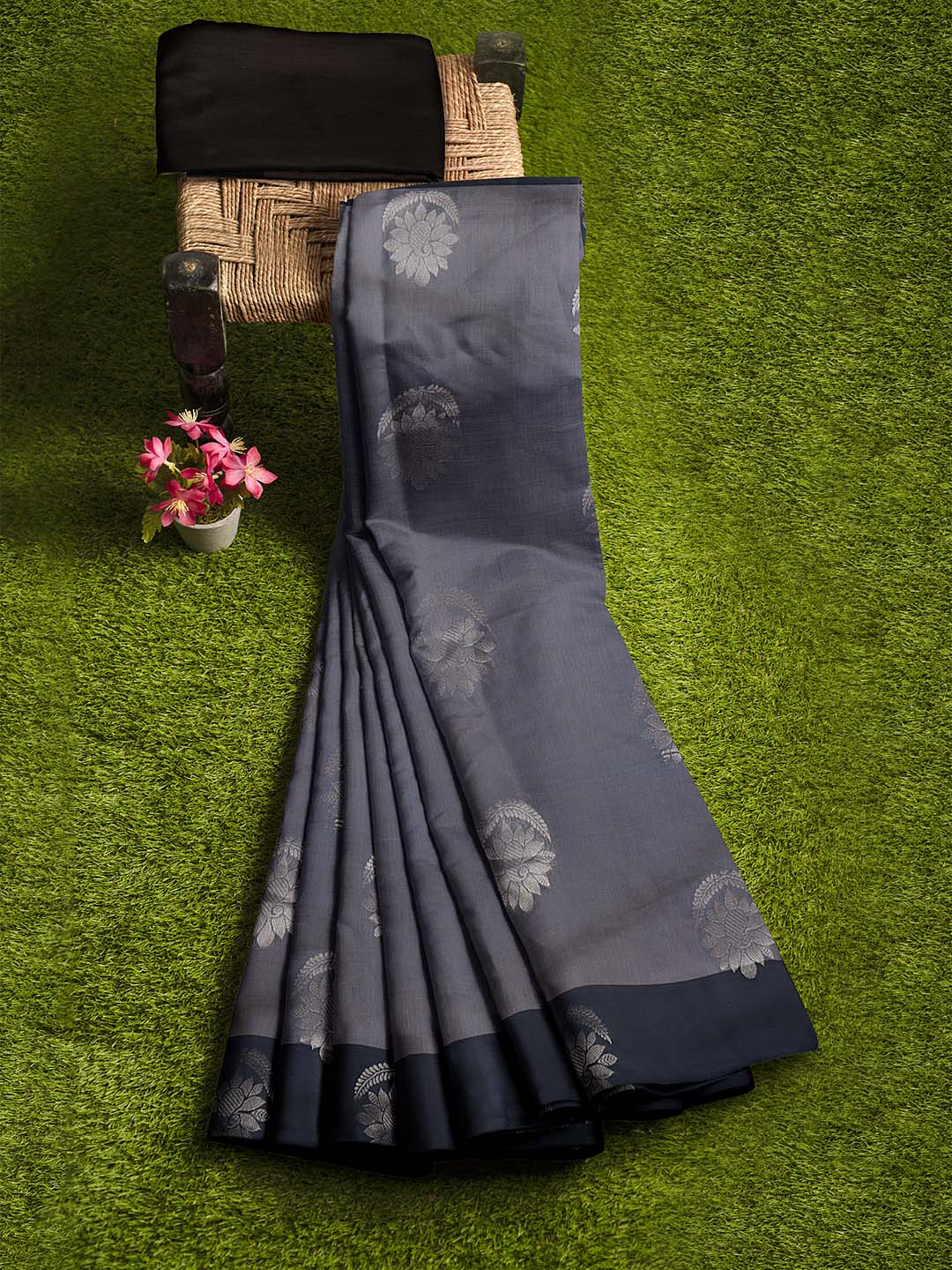 Women Bluish Grey Kotta Cotton Saree PCS186 - Image 3