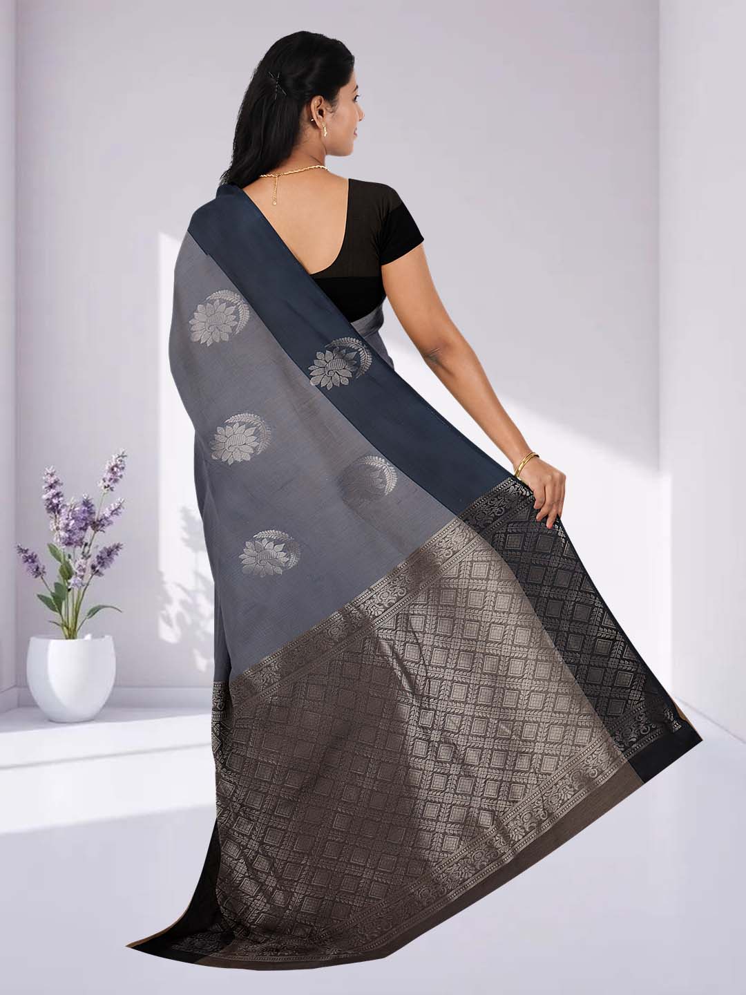 Women Bluish Grey Kotta Cotton Saree PCS186 - Image 5