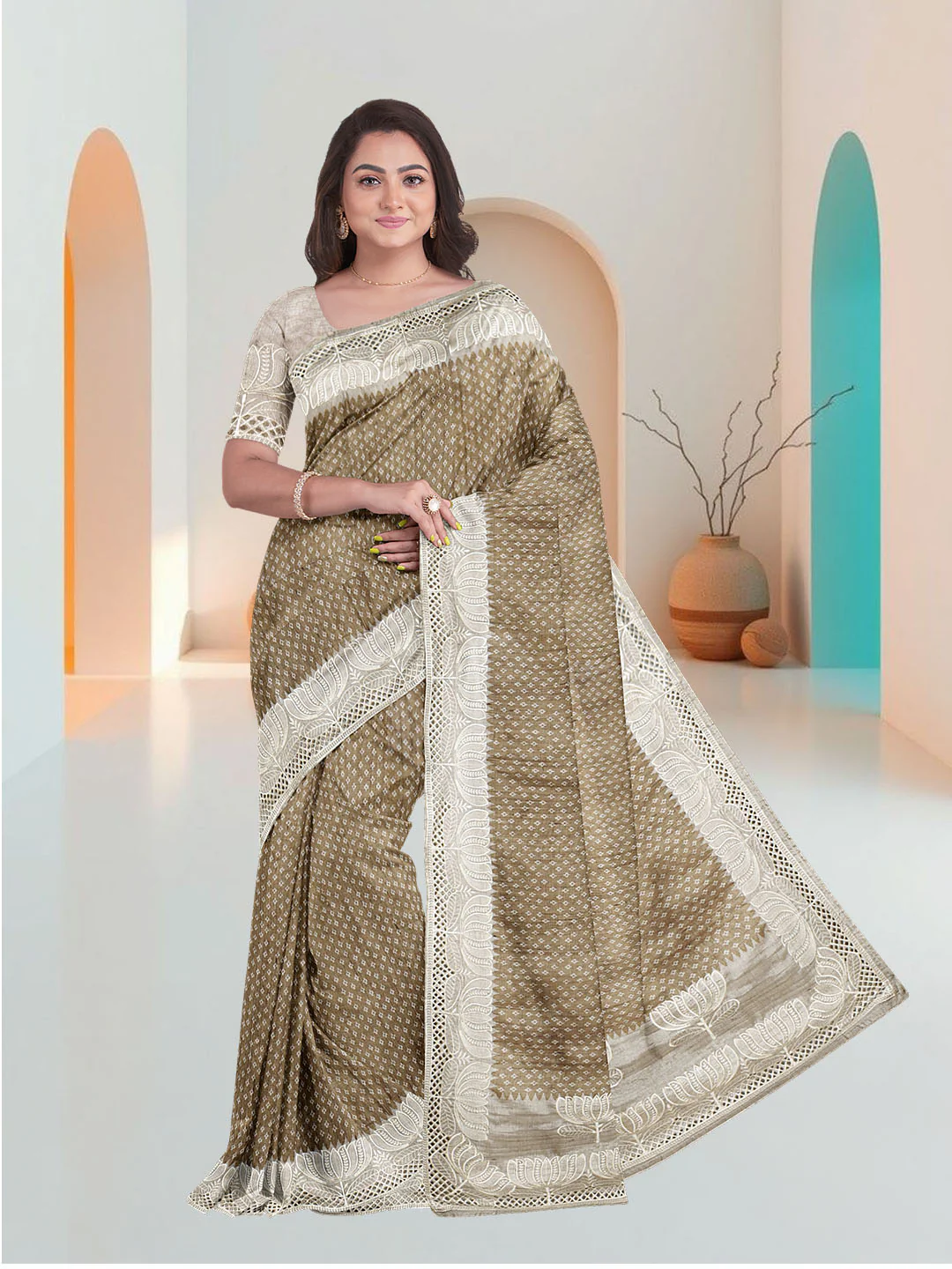 Women Brown Semi Tussar Saree ST275