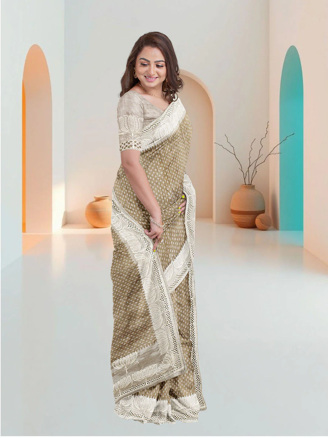 Women Brown Semi Tussar Saree ST275 - Image 2