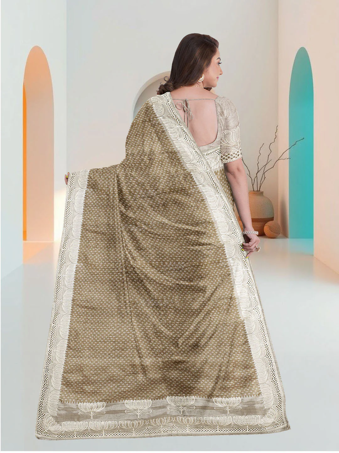 Women Brown Semi Tussar Saree ST275 - Image 3