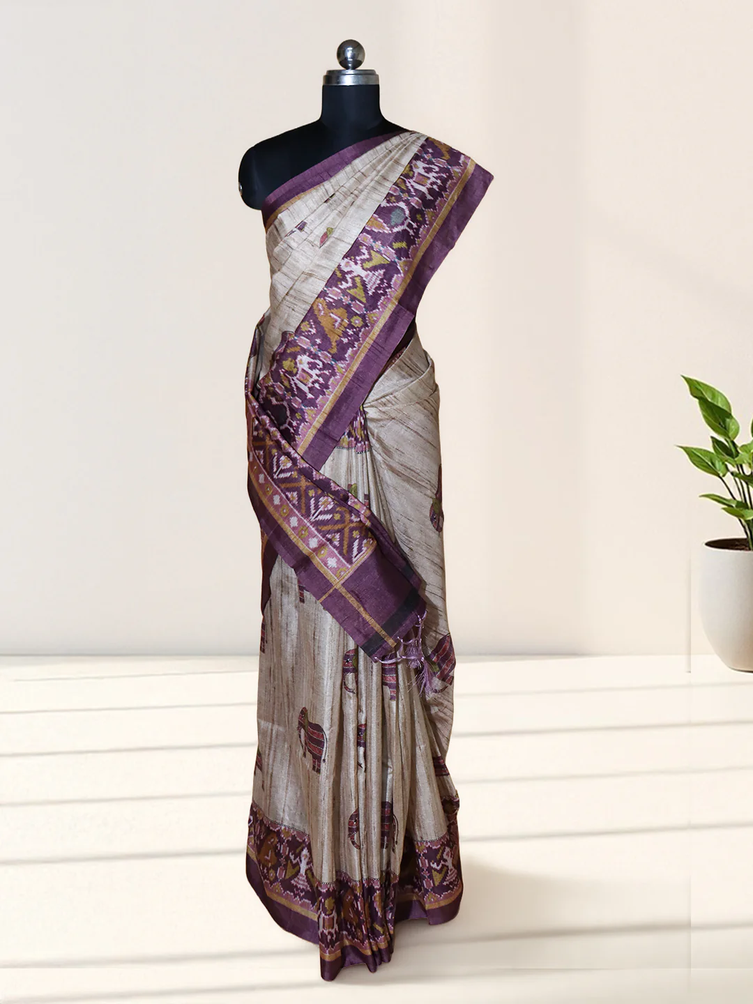Women Brown with Purple Semi Tussar Printed Saree ST308 - Image 2