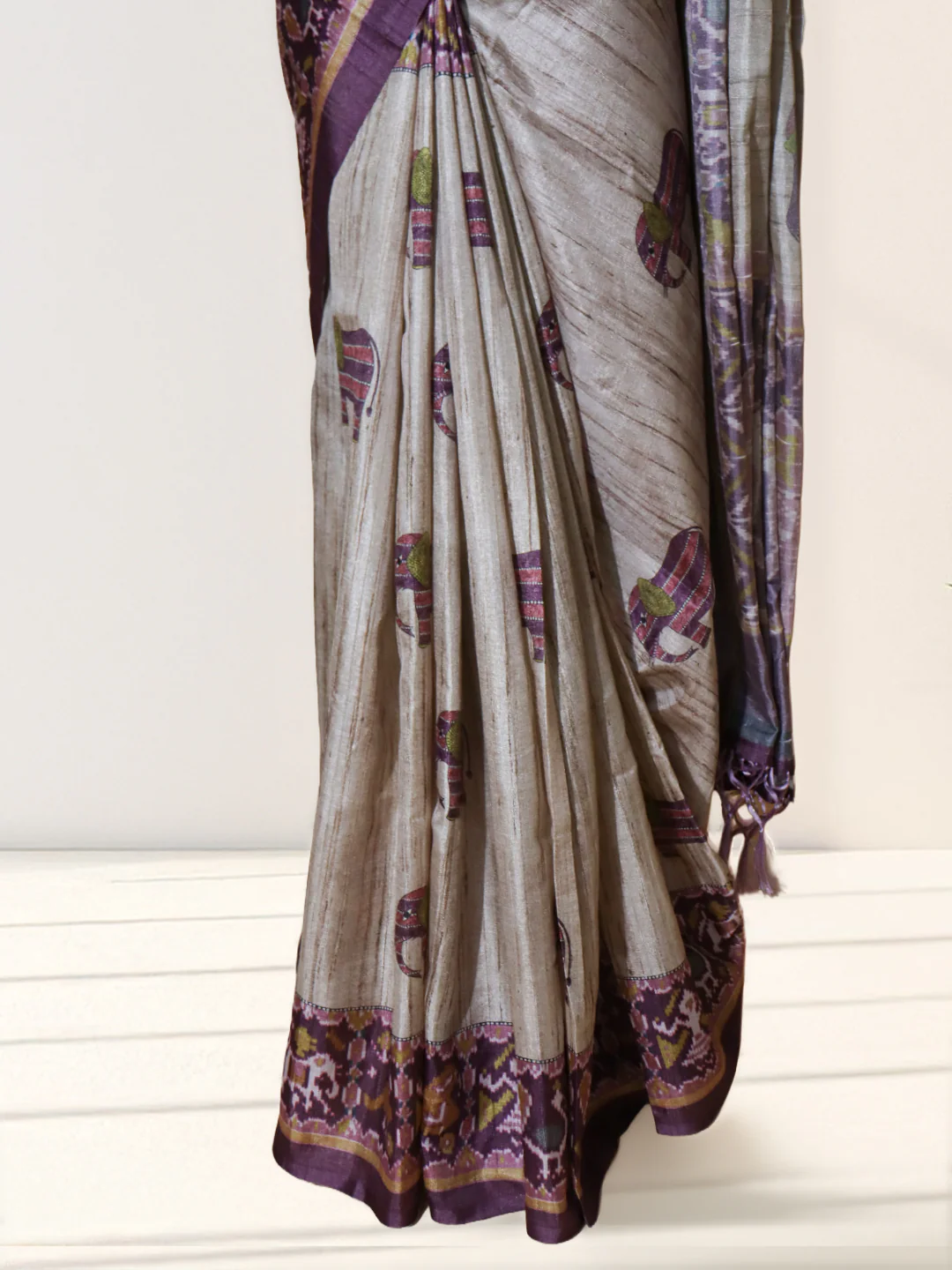 Women Brown with Purple Semi Tussar Printed Saree ST308 - Image 4