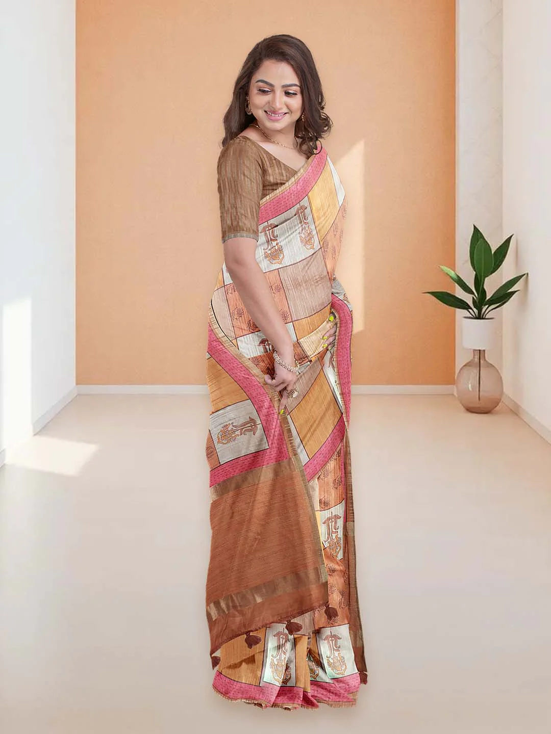 Women Burnt Orange Semi Tussar Printed Saree ST298 - Image 2