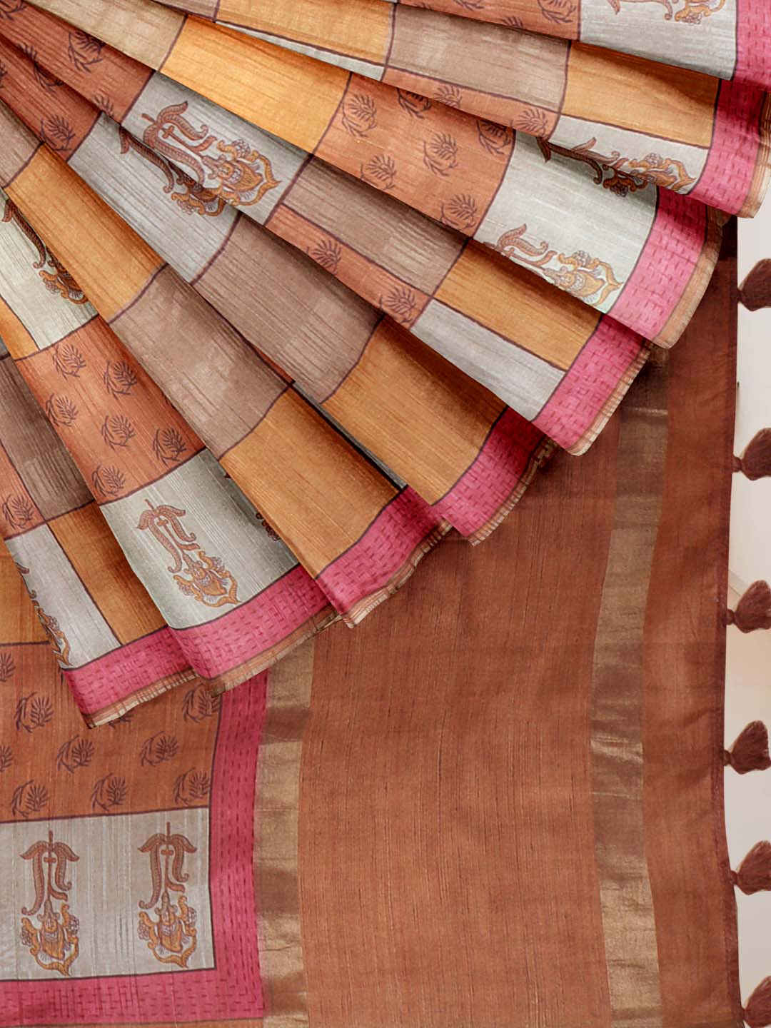 Women Burnt Orange Semi Tussar Printed Saree ST298 - Image 3