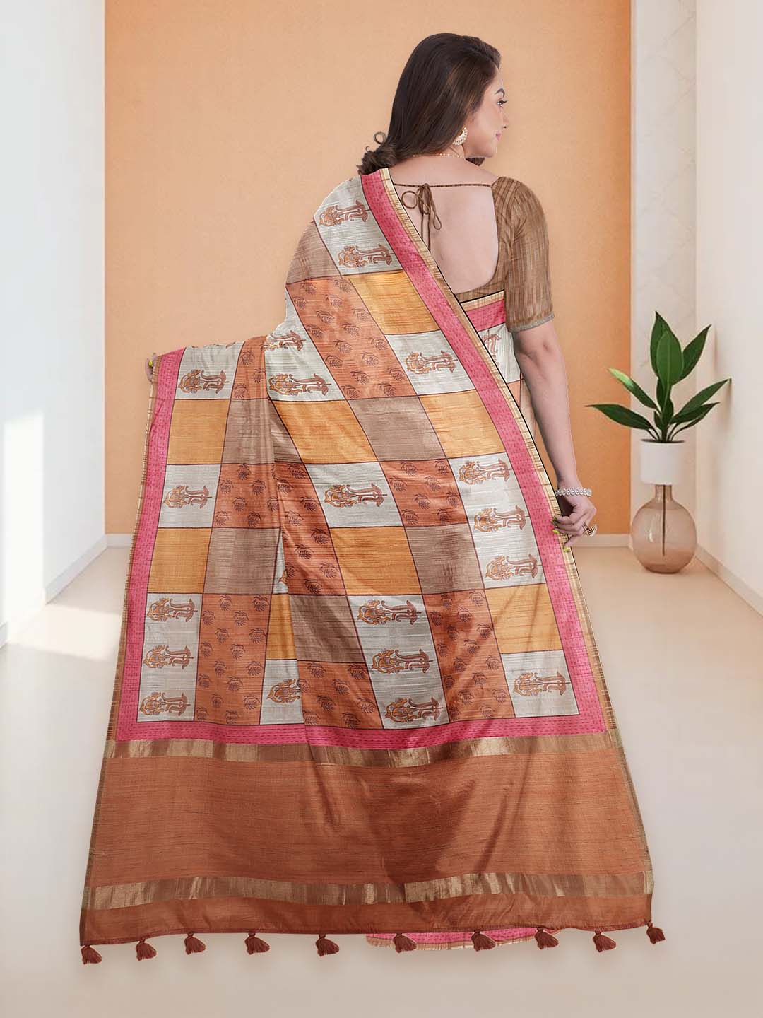 Women Burnt Orange Semi Tussar Printed Saree ST298 - Image 5