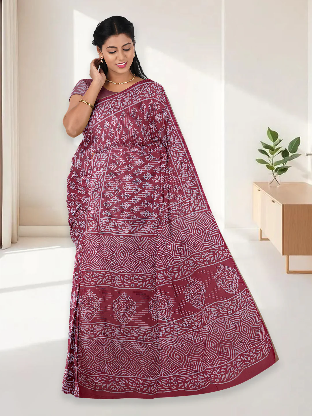 Women Cherry Red Pure Cotton Saree PCS198 - Image 3