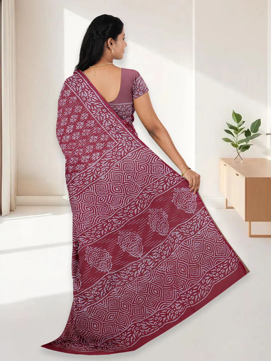 Women Cherry Red Pure Cotton Saree PCS198 - Image 4