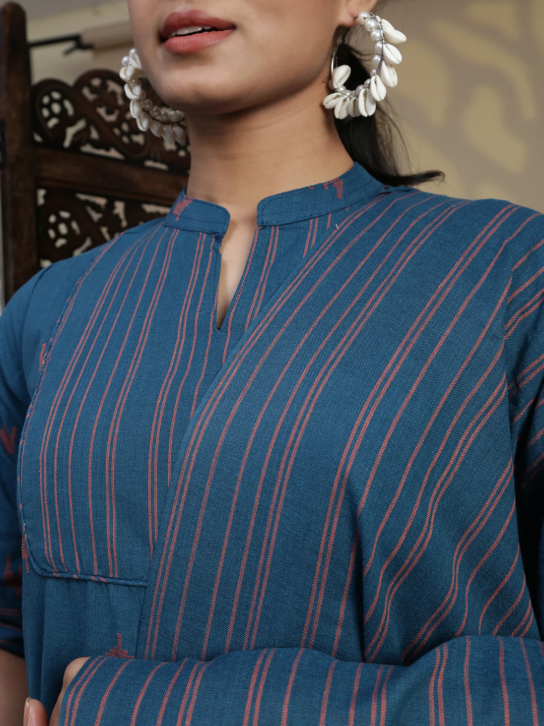 Women Cotton Blue Stripes Design Kurti Set EKS96 - Image 8