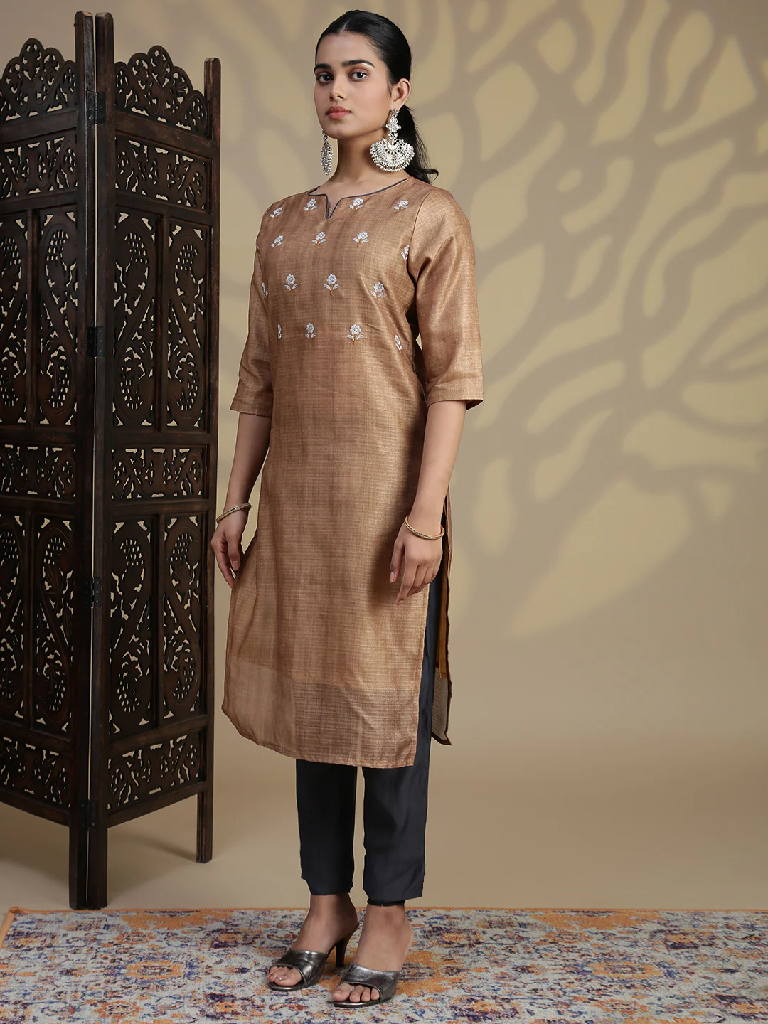 Women Cotton Golden Colour Flower Embroidered Kurti Set EKS94 - Image 6