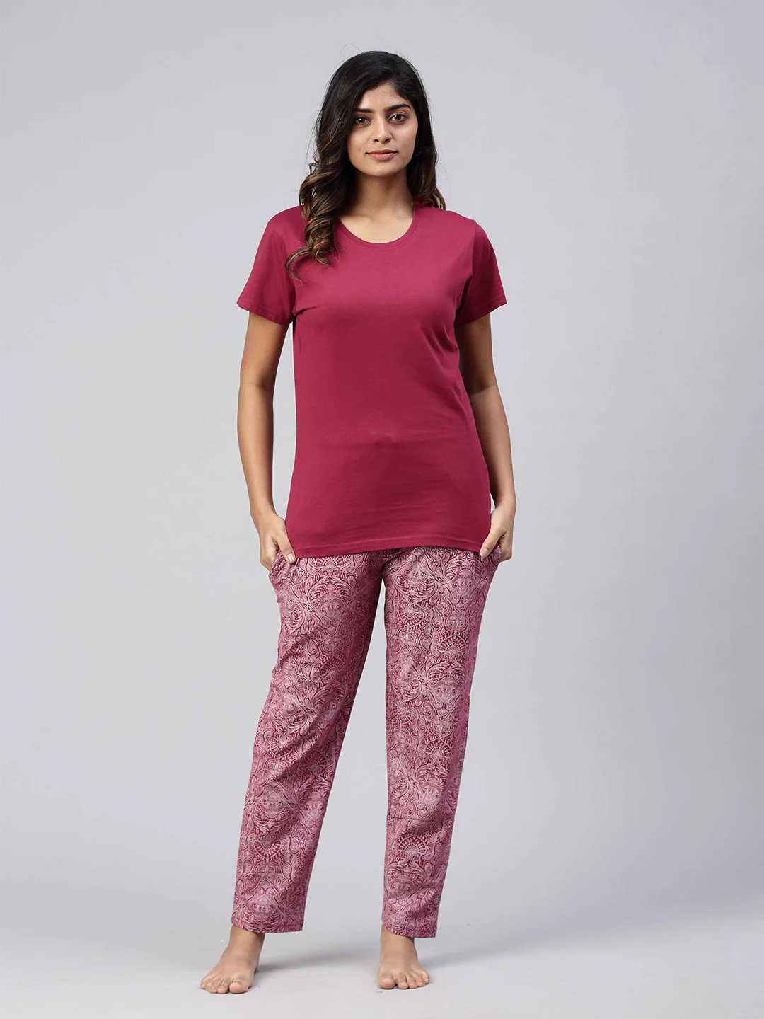 Women Knit Cotton Loungewear Set Burgendy - Image 2