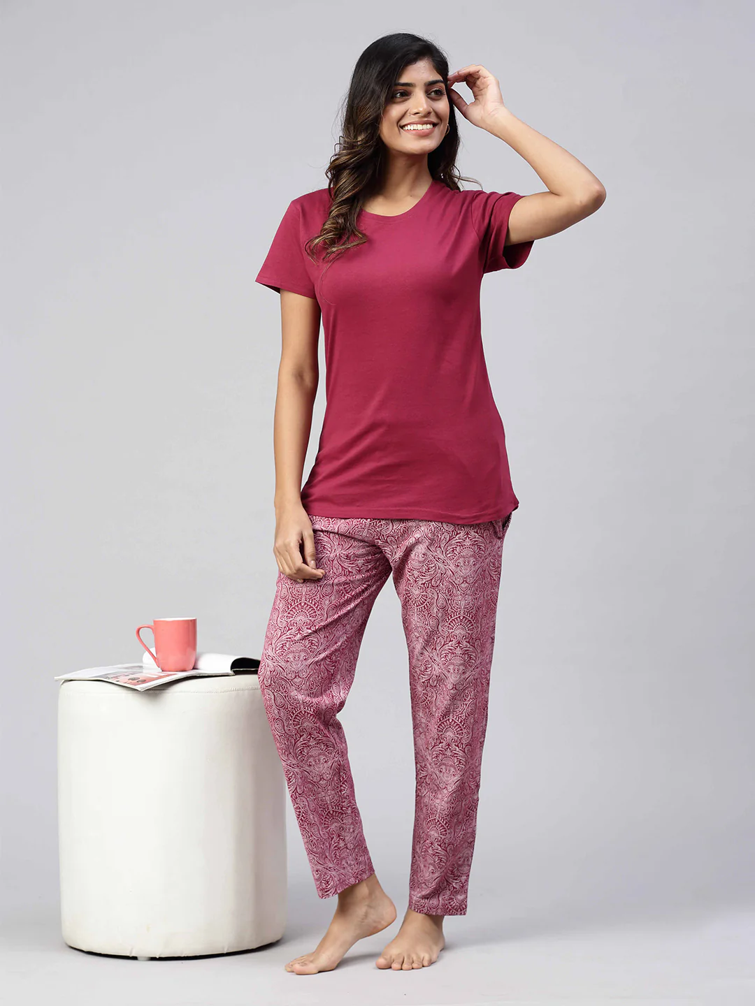 Women Knit Cotton Loungewear Set Burgendy - Image 3