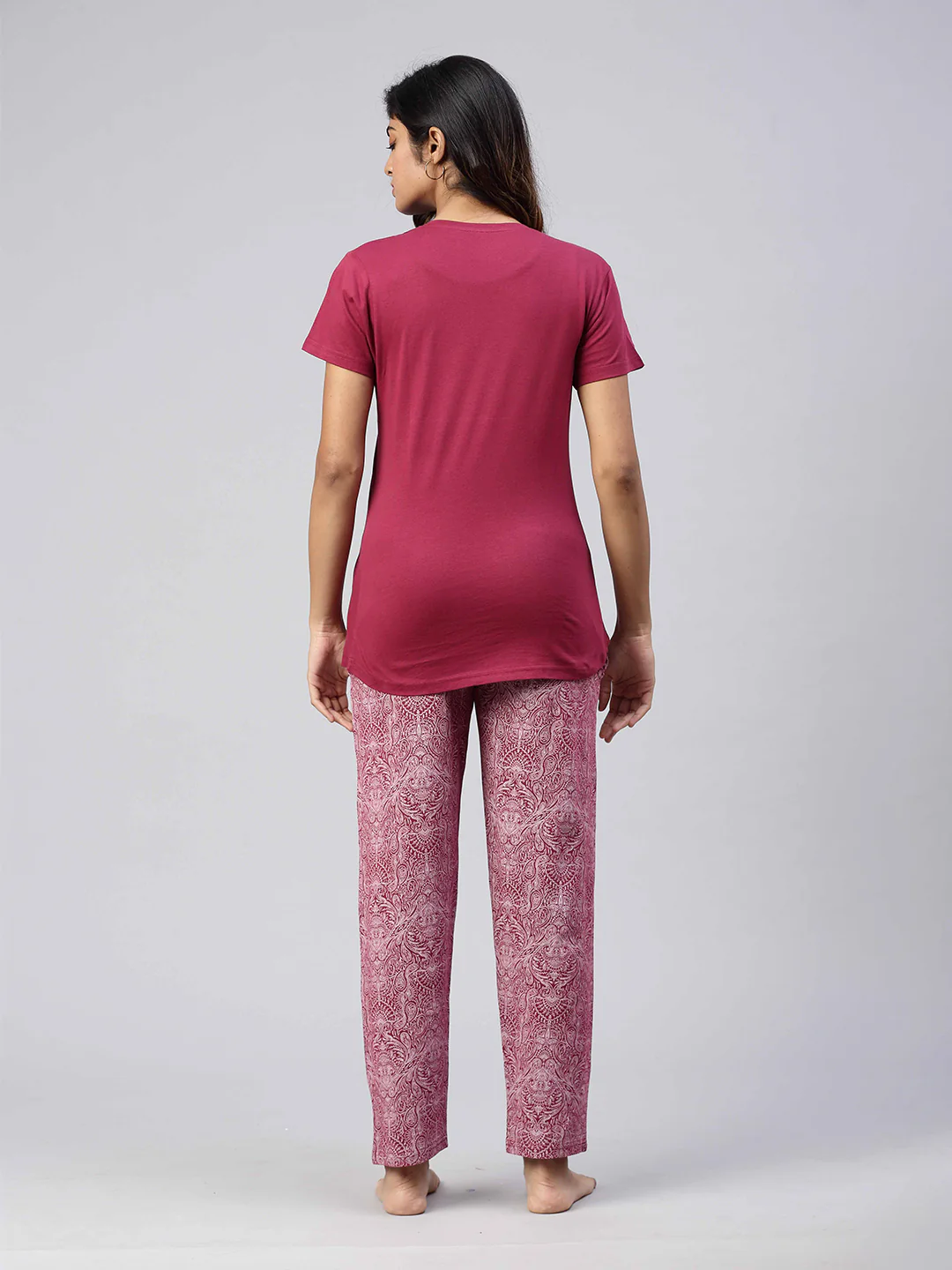 Women Knit Cotton Loungewear Set Burgendy - Image 4