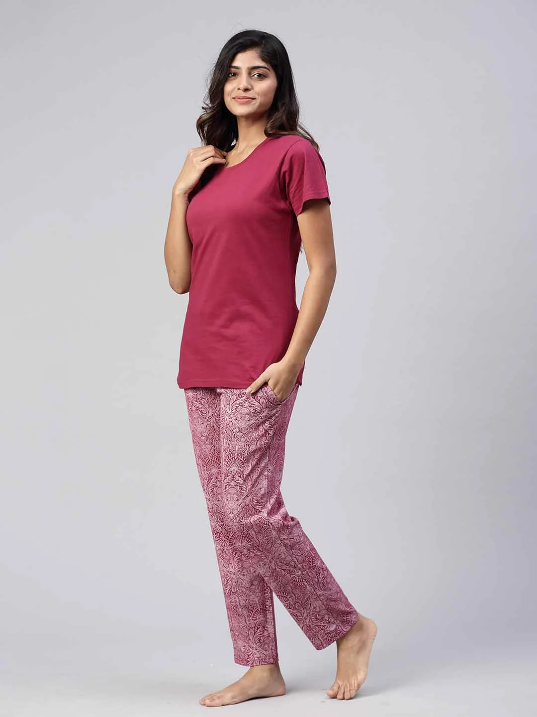 Women Knit Cotton Loungewear Set Burgendy - Image 5