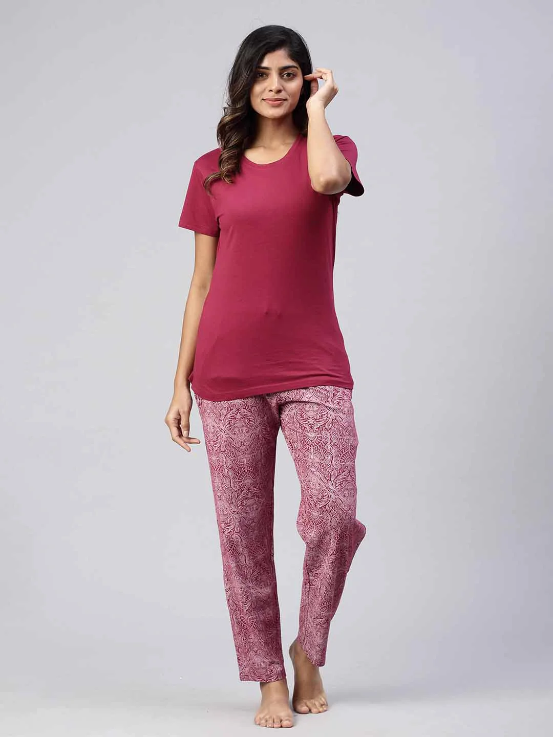 Women Knit Cotton Loungewear Set Burgendy - Image 6