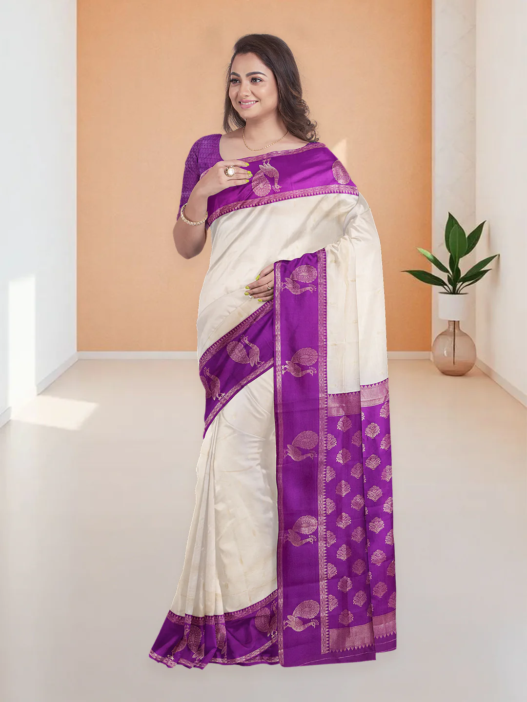 Women Cream with Violet Art Silk Saree ASS99