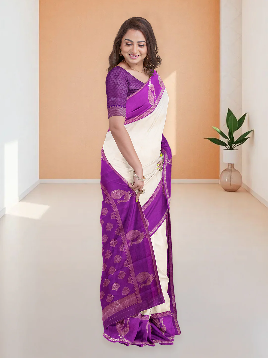 Women Cream with Violet Art Silk Saree ASS99 - Image 3