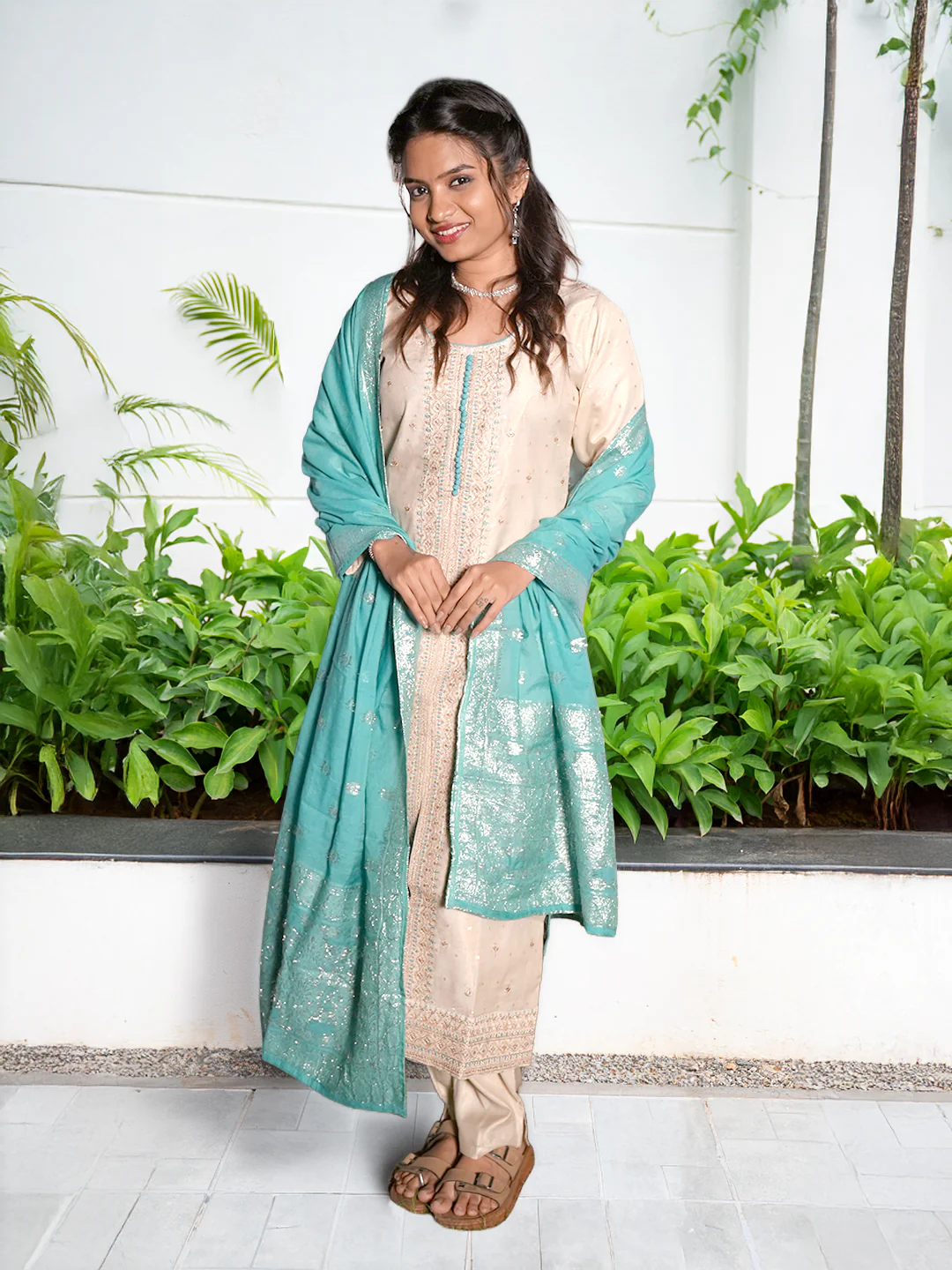 Women Cream with Blue MM Silk Embroidery Kurti Set EKS124