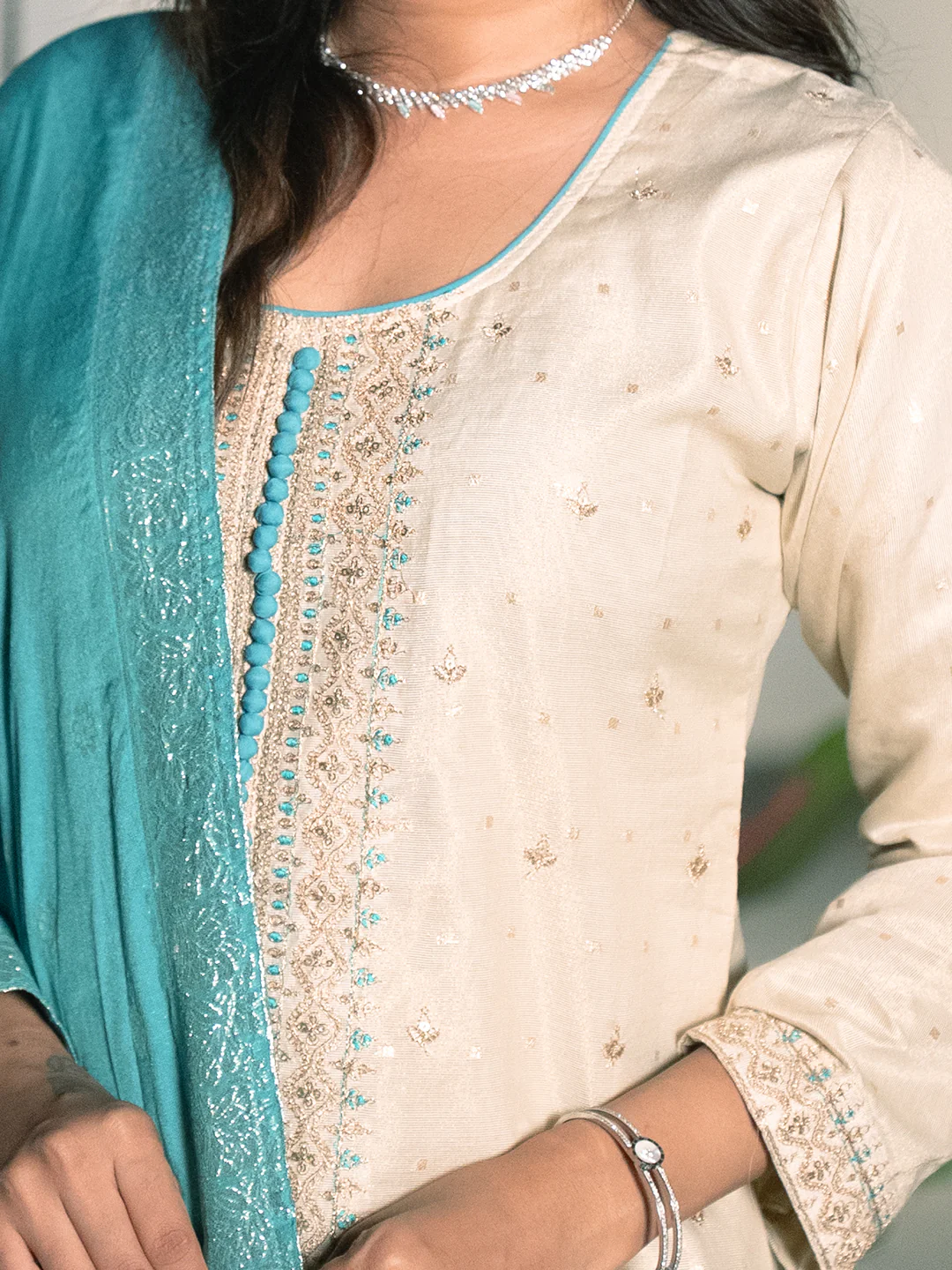 Women Cream with Blue MM Silk Embroidery Kurti Set EKS124 - Image 3
