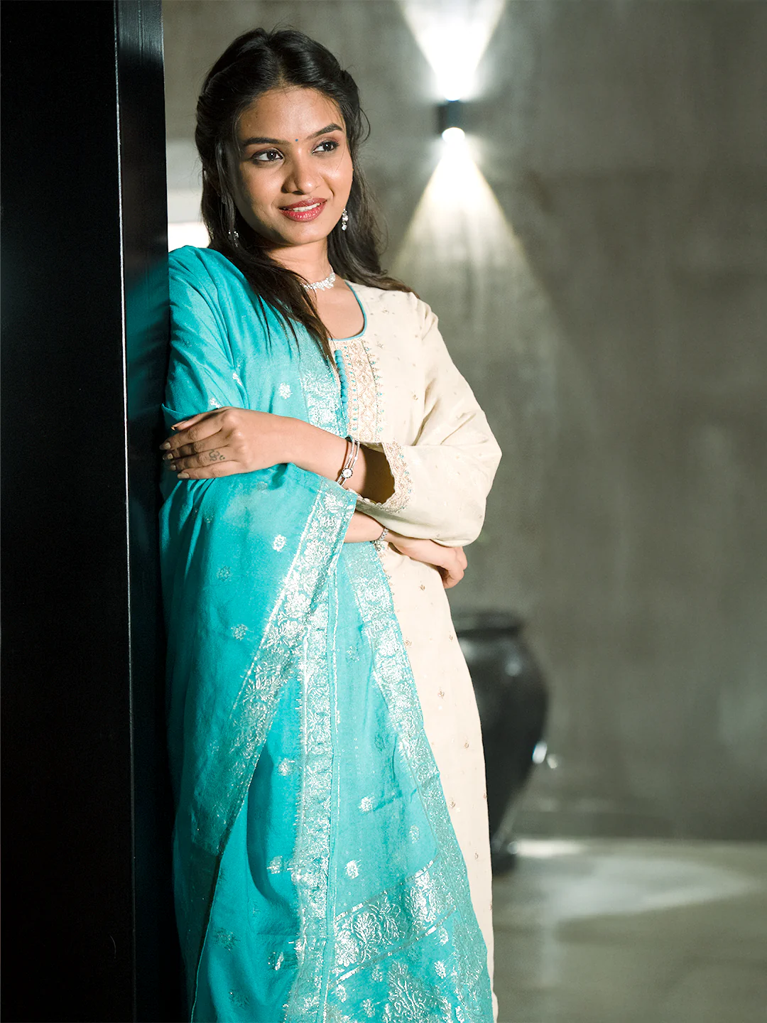 Women Cream with Blue MM Silk Embroidery Kurti Set EKS124 - Image 4