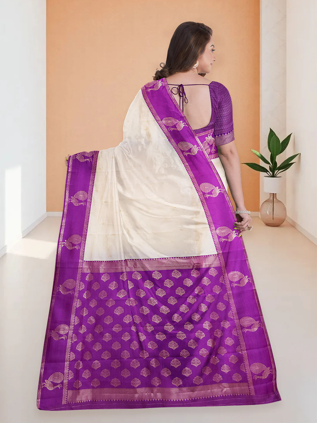 Women Cream with Violet  Art Silk Saree ASS119 - Image 5