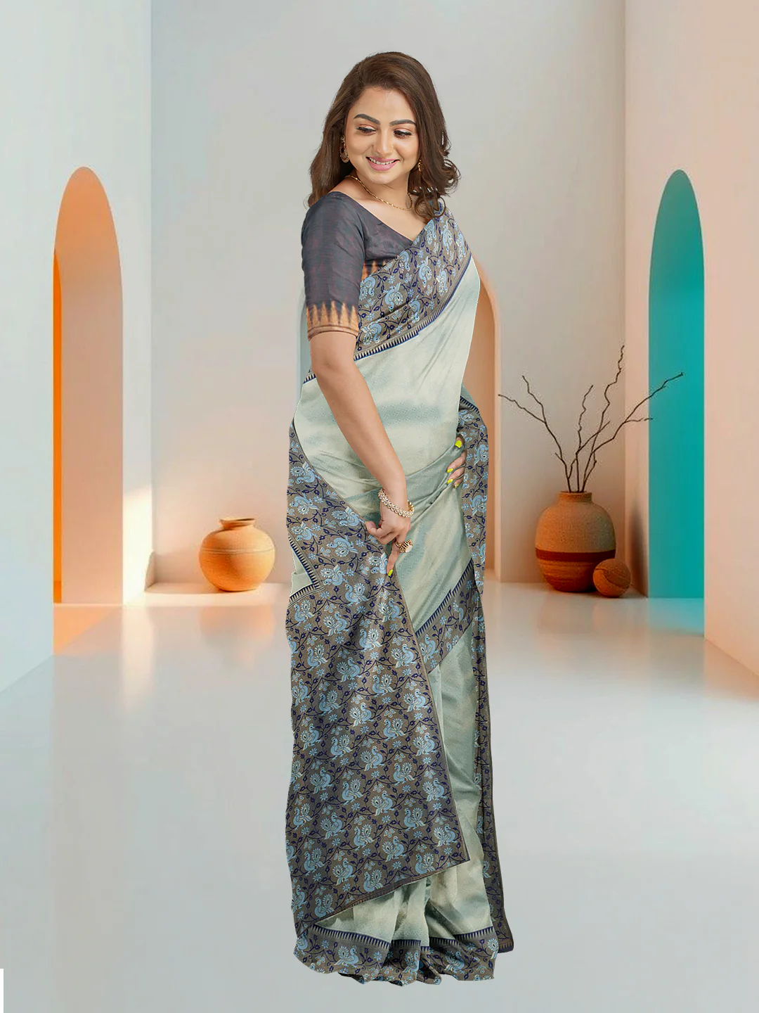 Women Cyan Blue Art Silk Printed Saree ASS73 - Image 3