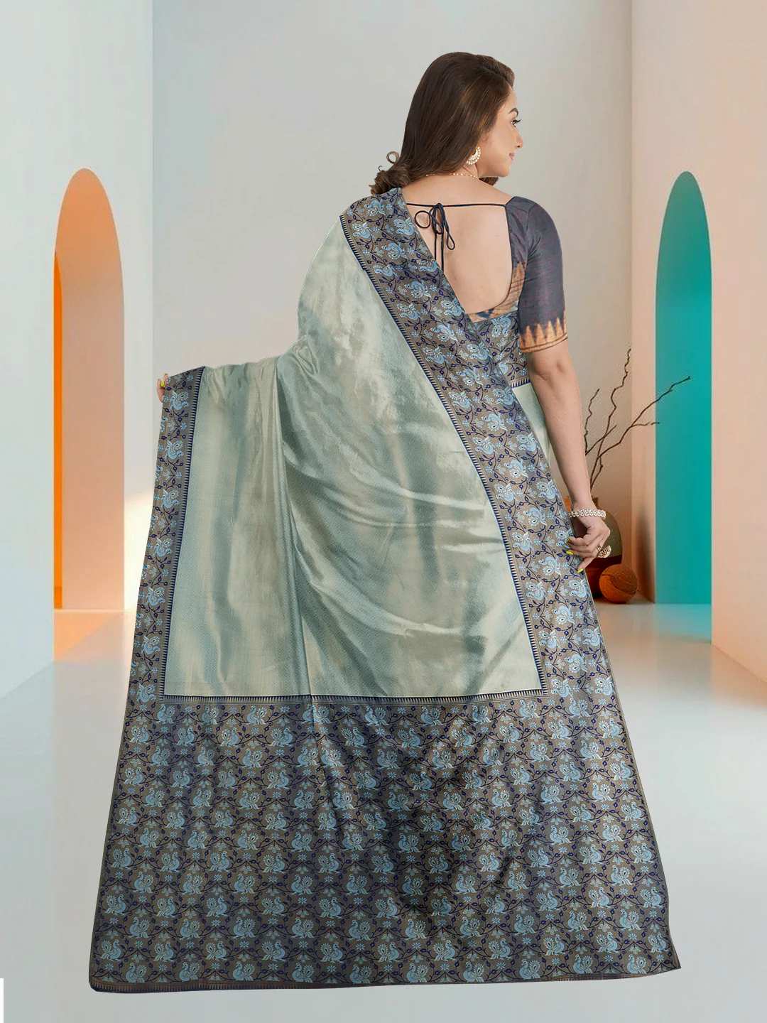 Women Cyan Blue Art Silk Printed Saree ASS73 - Image 4